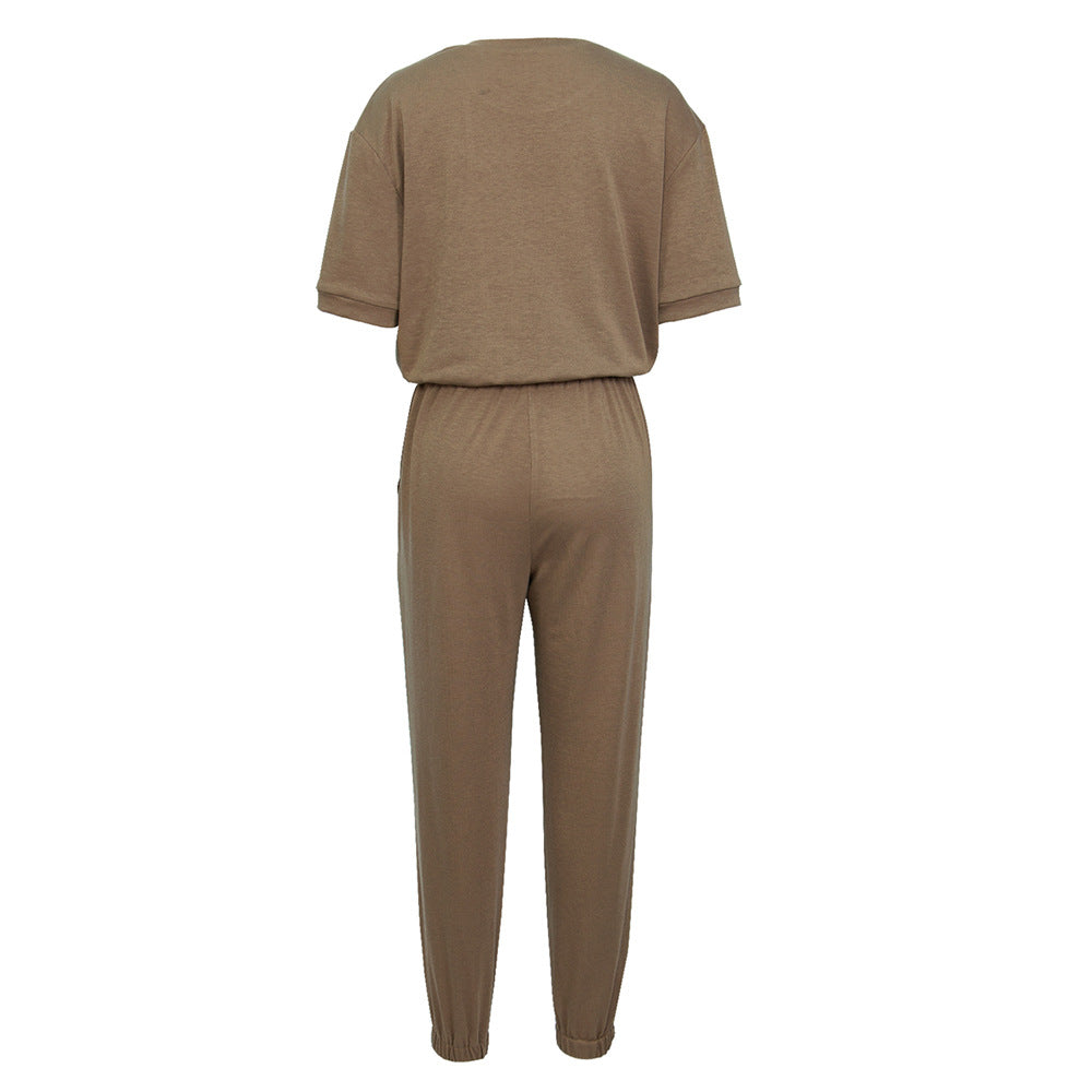 Casual Round Neck Short Sleeve Trousers Two-piece Set / Workwear