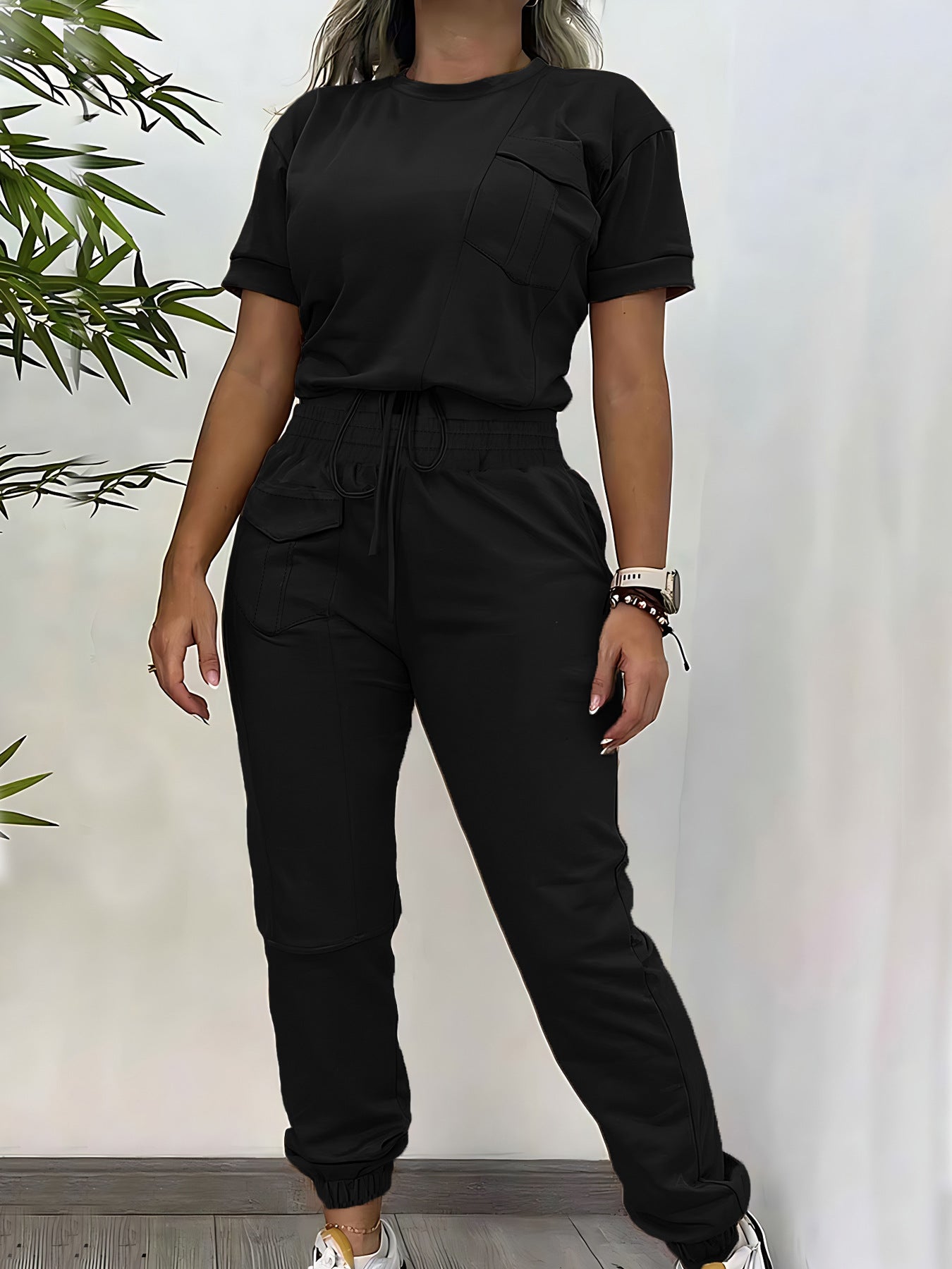 Casual Round Neck Short Sleeve Trousers Two-piece Set / Workwear