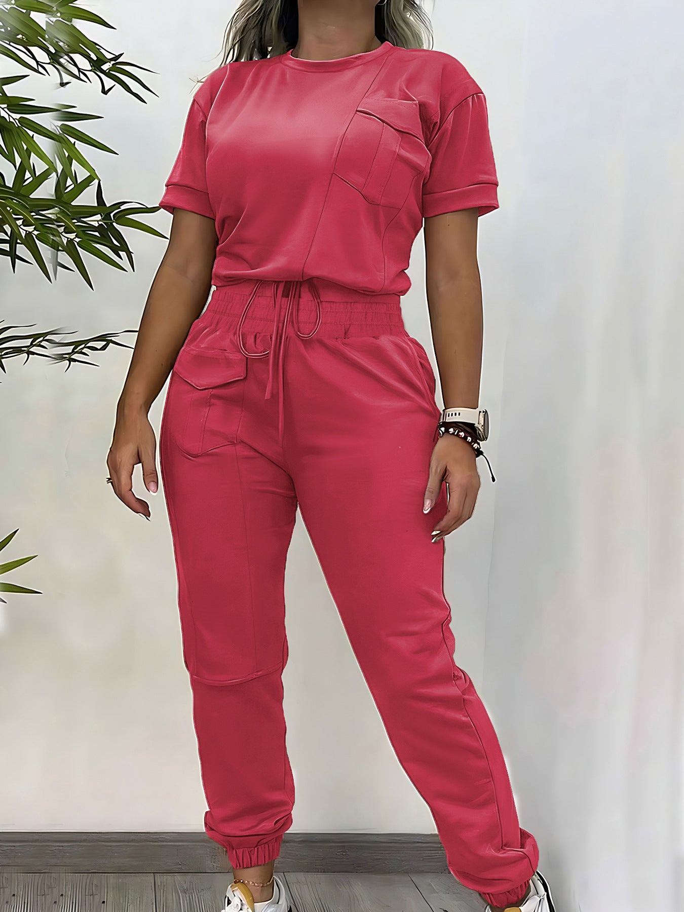 Casual Round Neck Short Sleeve Trousers Two-piece Set / Workwear