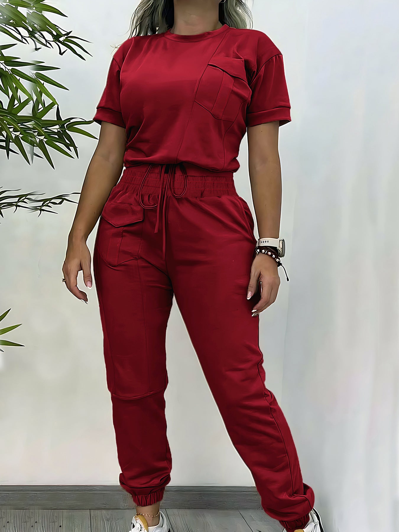 Casual Round Neck Short Sleeve Trousers Two-piece Set / Workwear