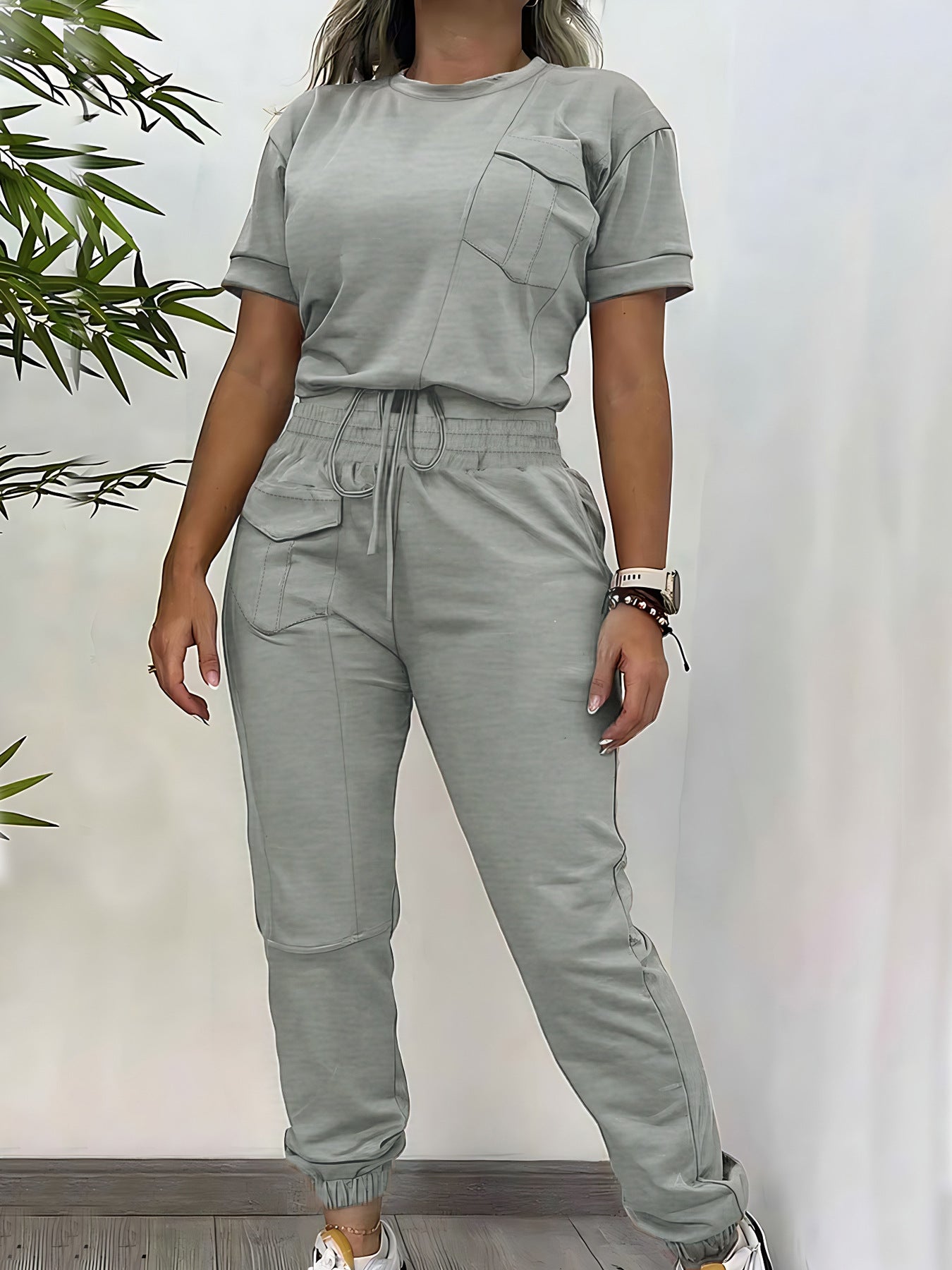 Casual Round Neck Short Sleeve Trousers Two-piece Set / Workwear