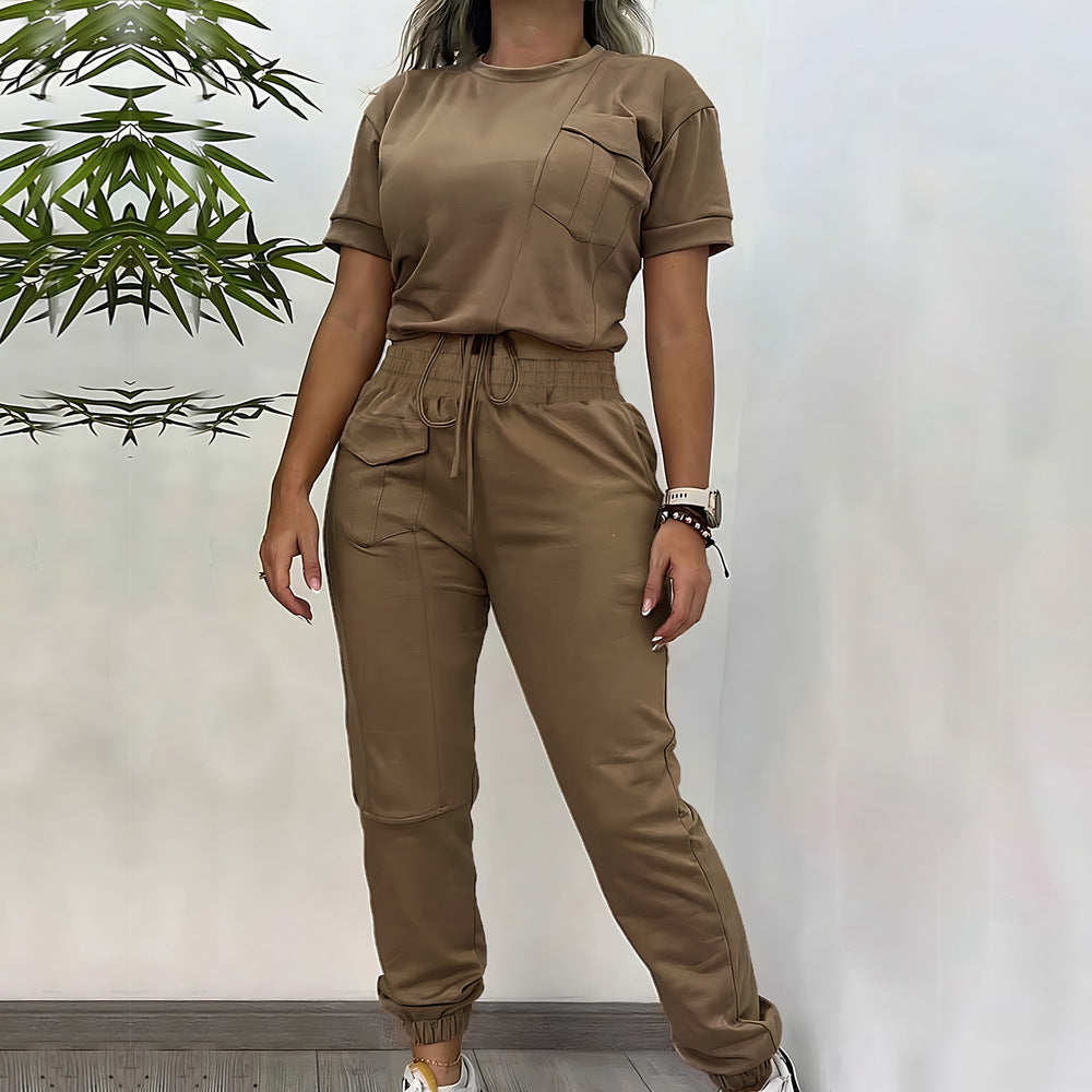 Casual Round Neck Short Sleeve Trousers Two-piece Set / Workwear