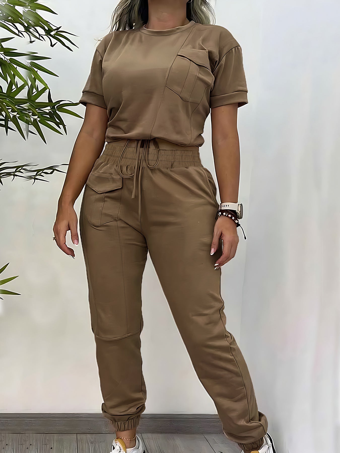 Casual Round Neck Short Sleeve Trousers Two-piece Set / Workwear