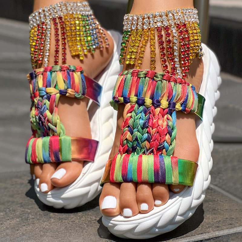 Women Trouser SetSummer Braided Knit Hollow Open Toe Slipper Sandals - Anklet Not Included
