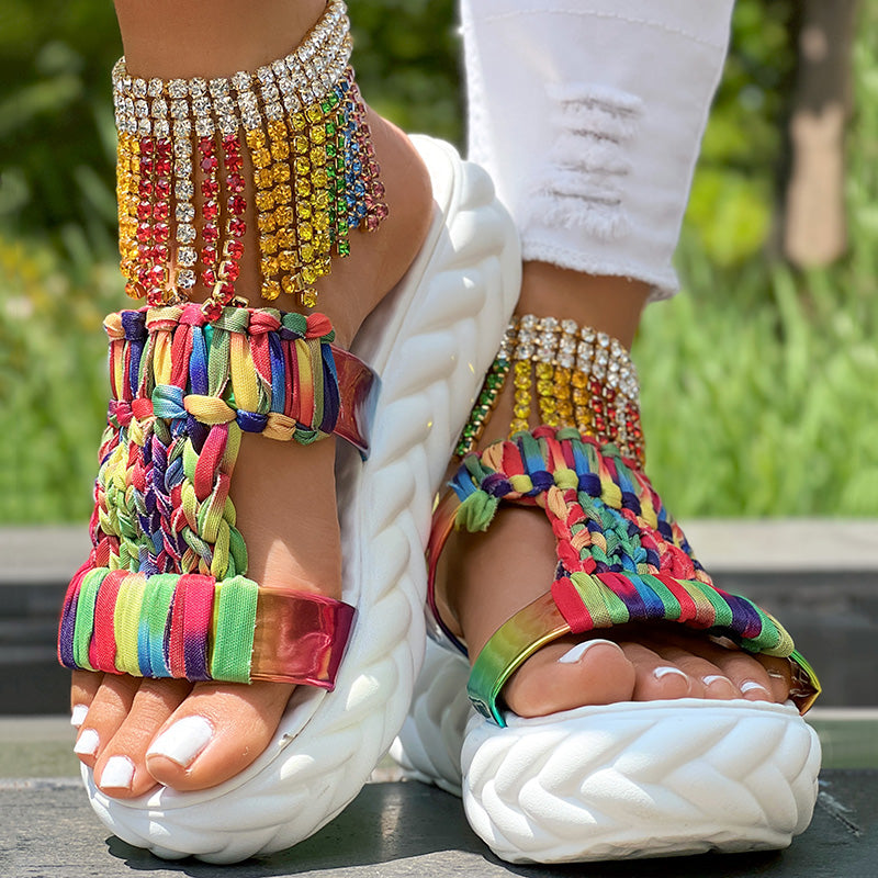 Women Trouser SetSummer Braided Knit Hollow Open Toe Slipper Sandals - Anklet Not Included